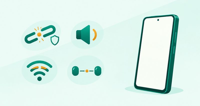Illustration: a broken link and shield, a speaker, a wifi glyph with an amber slash, and two buds in soft ovals beside a standing phone