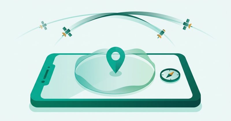 Illustration: Android phone with a drifting GPS accuracy circle, a compass dial, and four satellites on arcs