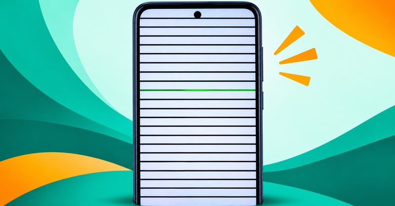 Illustration: a phone screen with horizontal lines across it, a screenshot beside it showing the same lines, and a cracked panel hint to tell software from hardware