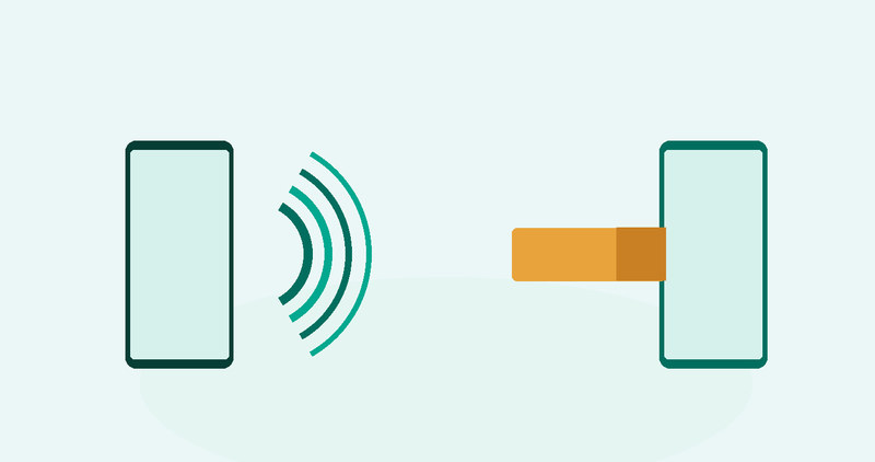 Illustration: one phone broadcasting, an amber block in the way, a second phone out of reach