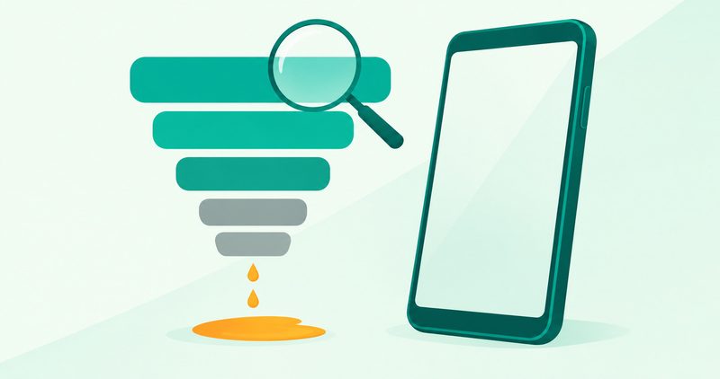 Illustration: a descending stack of bars under a magnifier, amber drops pooling below beside a standing phone