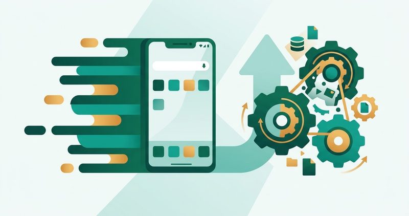Illustration: Android phone with an app grid, gears and an update arrow showing post-update optimization