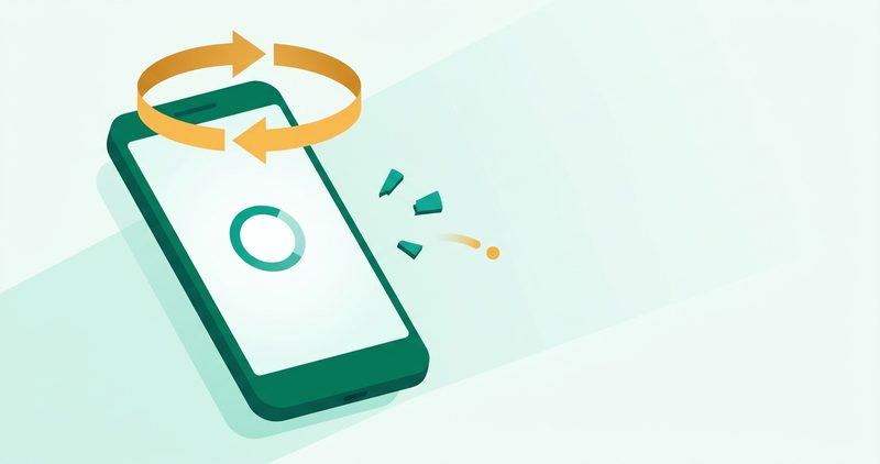 Illustration: dark green Android phone under an amber restart loop, teal fragments breaking away from the screen edge