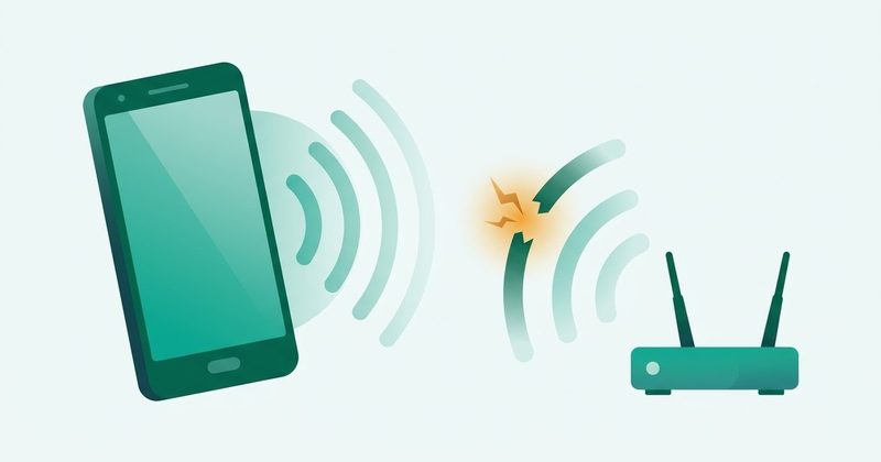 Illustration: Android phone facing a home router with a broken Wi-Fi signal between them