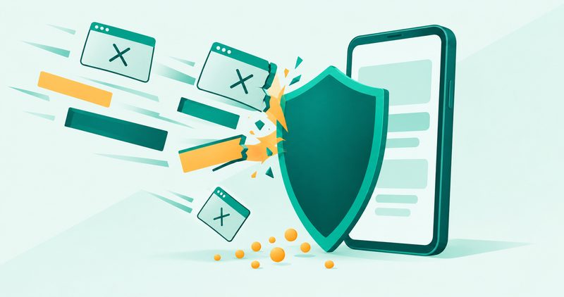 Illustration: a teal shield guarding a smartphone, shattering incoming ad pop-ups with X marks and amber banners mid-air, amber dots scattering beneath the shield