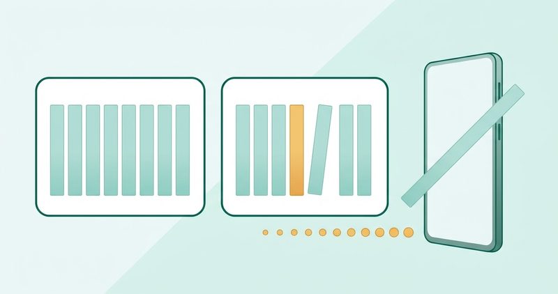 Illustration: two ledger cards side by side, one with a level row of bars for the tie at the top, the other with one bar pulled out and an amber gap for the false-positive split, a phone crossed out beside them, and amber data dots flowing toward it