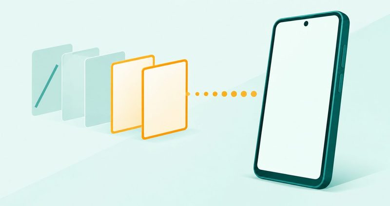Illustration: two worth-it free VPN cards standing clear of three conditional ones, one crossed out, with amber data dots flowing into a standing phone