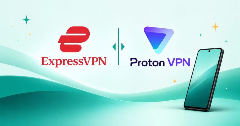 ExpressVPN and Proton VPN marks side by side on a clean AndroidScroll cover