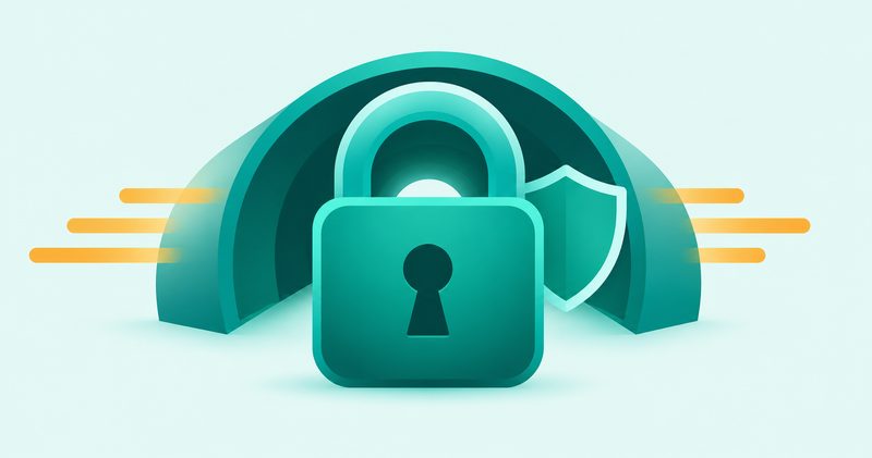 Illustration: a padlock seen face-on with a tunnel arching behind it against a clean brand-colour field, suggesting a secure VPN connection, teal padlock and deep green tunnel with mint background and amber keyhole