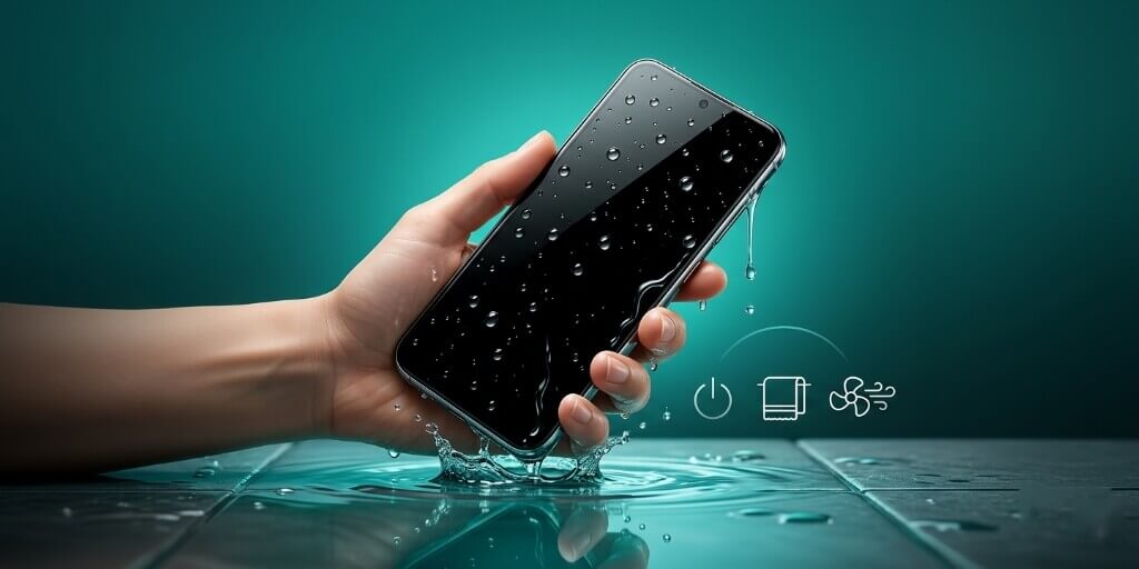 Android phone wet with water droplets being removed from water to prevent damage