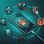 Android phone charging with cable and teal interface showing habits that damage battery life