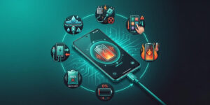 Android phone charging with cable and teal interface showing habits that damage battery life