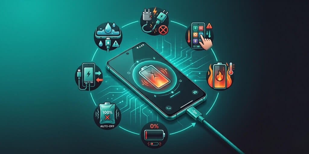 Android phone charging with cable and teal interface showing habits that damage battery life