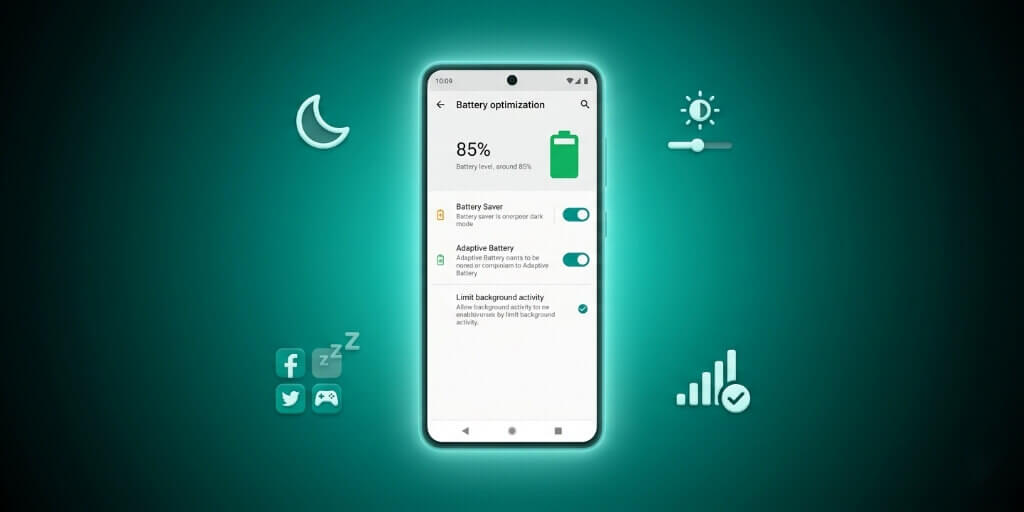 Android battery optimization settings screen showing improved battery life and power saving features