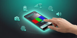 Android phone being tested with diagnostic screen and hardware checks like battery camera and connectivity