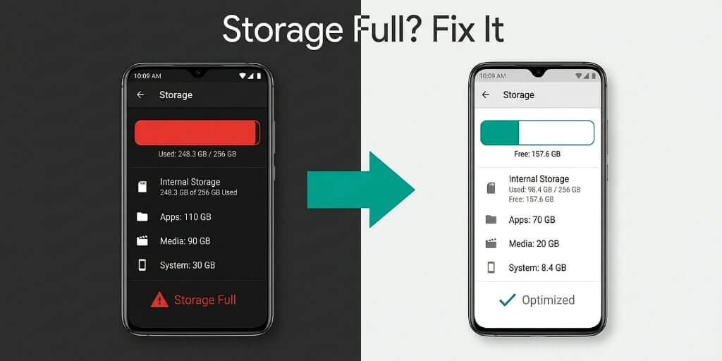 Android storage full warning compared to cleaned phone with free space
