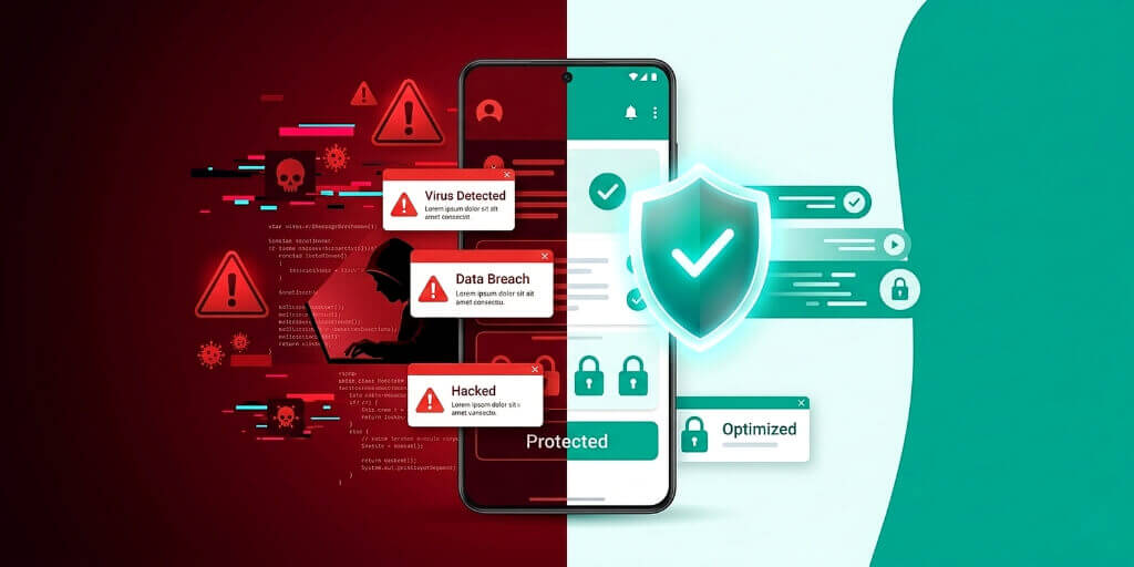 Android phone infected with malware vs protected phone with security shield