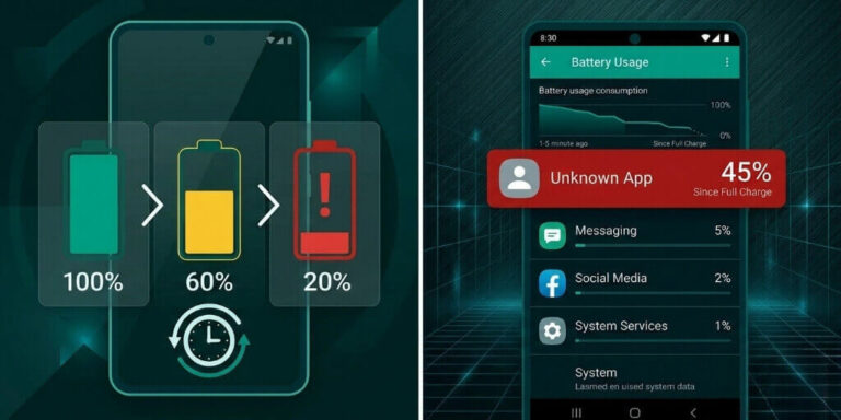 Android phone battery is draining fast with the Settings Battery Usage screen showing the culprit app. Real Solutions Guide 2026