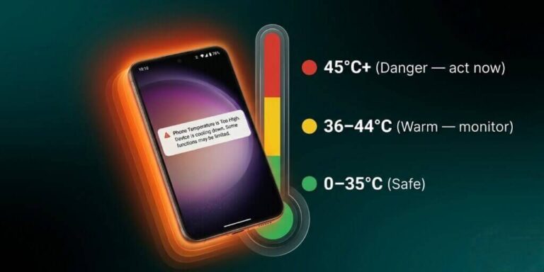 Android phone showing overheating warning with temperature danger zones — causes and fixes guide for 2026