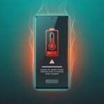 Android phone showing high temperature warning with heat glow on a dark teal background
